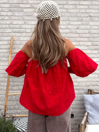 Broderie Off Shoulder Top / Red