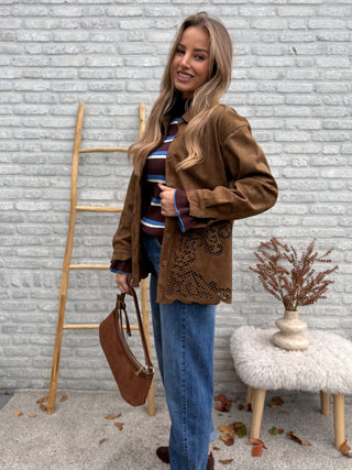 Flared Sleeve Stripe Top / Brown-Blue