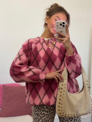 Pink Argyle Cozy Sweater / Fuchsia