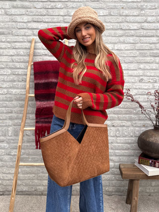 Striped Knit Sweater / Red-Brown
