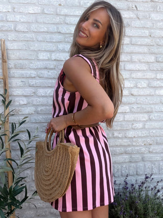 Cotton Stripe Dress / Brown-Pink