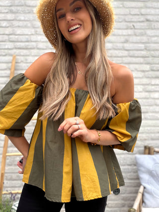 Striped Off-Shoulder Top / Khaki-Mustard