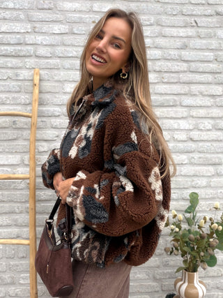 Oversized Teddy Jacket / Brown-Blue