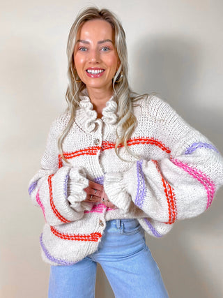 Knitted Striped Buttoned Cardigan / White-Multi