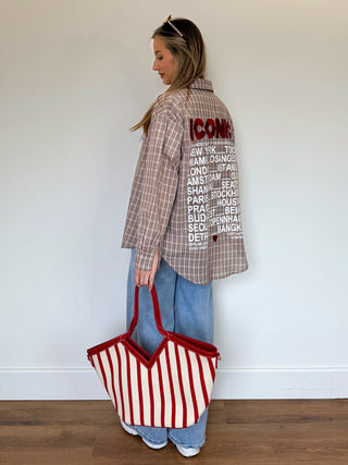 Striped Canvas Tote Bag / Red-Beige