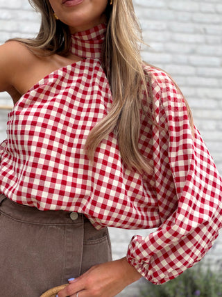 Gingham One Shoulder Blouse / Red
