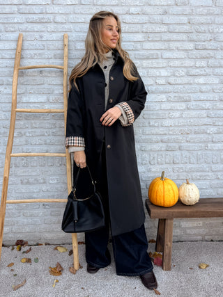 Brown Check Lined Coat / Black
