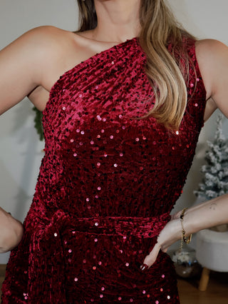 Velvet Sequin One-Shoulder Dress / Bordeaux