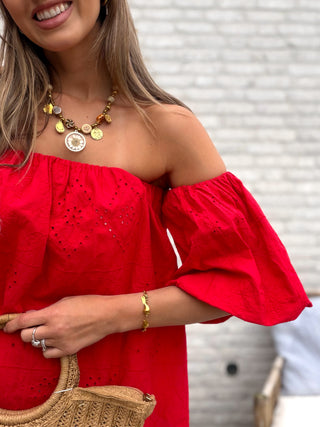 Broderie Off Shoulder Top / Red