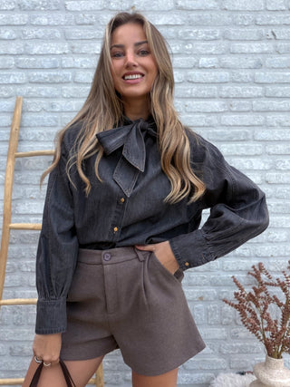 Bow Denim Blouse / Grey