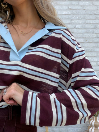 Striped Polo Blouse / Burgundy-Blue