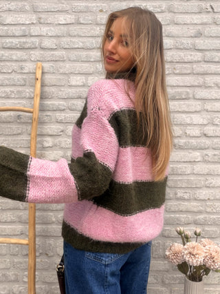 Striped Zip Knit / Khaki-Rose
