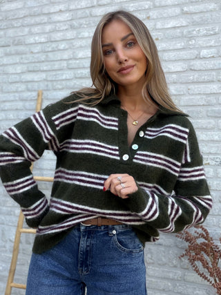 Buttoned Polo Knit / Khaki-Purple
