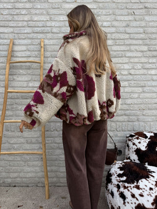 Oversized Teddy Jacket / Beige-Bordeaux