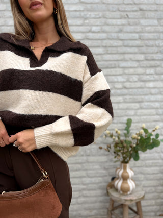 Wide Stripe Polo Knit / Beige-Brown