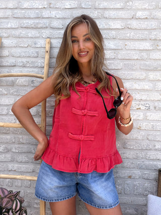 Denim Frill Gilet Top / Red
