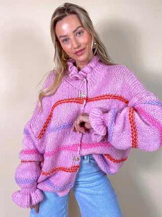 Knitted Striped Buttoned Cardigan / Pink-Multi