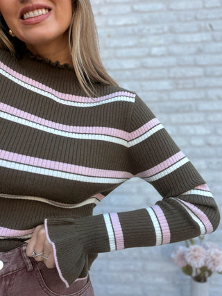 Flared Sleeve Stripe Top / Khaki-Pink