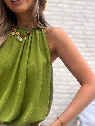 Plissé Halted Top / Olive Green