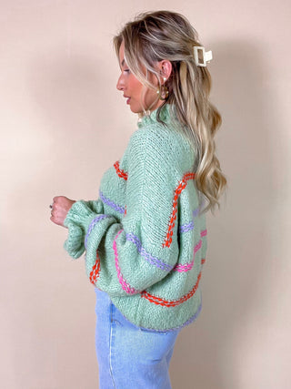 Knitted Striped Buttoned Cardigan /Mint Green-Multi