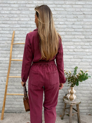Denim Belted Jumpsuit / Bordeaux