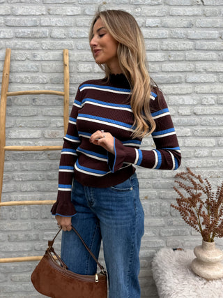 Flared Sleeve Stripe Top / Brown-Blue