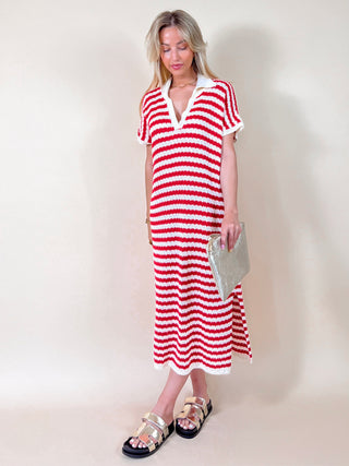 Crochet Striped Split Dress / Red-Beige