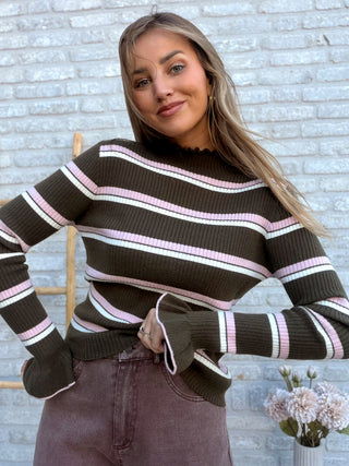 Flared Sleeve Stripe Top / Khaki-Pink