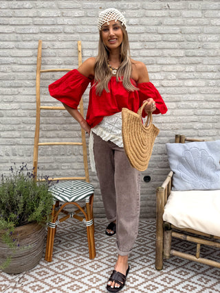 Broderie Off Shoulder Top / Red