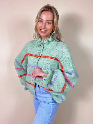Knitted Striped Buttoned Cardigan /Mint Green-Multi