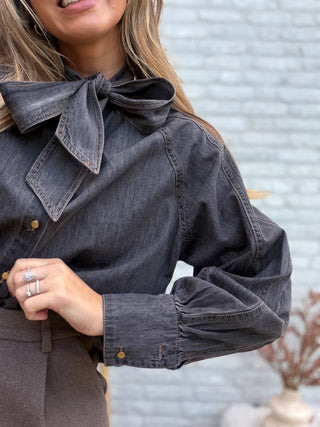 Bow Denim Blouse / Grey