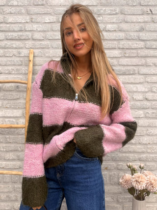 Striped Zip Knit / Khaki-Rose