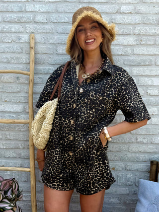 Denim Buttoned Playsuit / Leopard