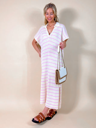Crochet Striped Split Dress / Beige-Pink