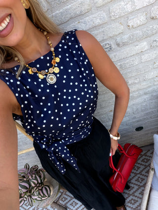 Polka Dot Wrap Top / Dark Blue