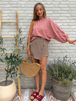 Gingham One Shoulder Blouse / Red