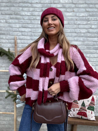 Stripe Scarf Cardigan / Pink-Bordeaux