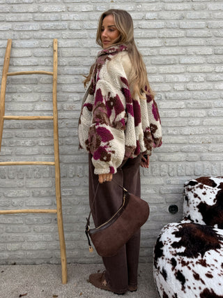 Oversized Teddy Jacket / Beige-Bordeaux