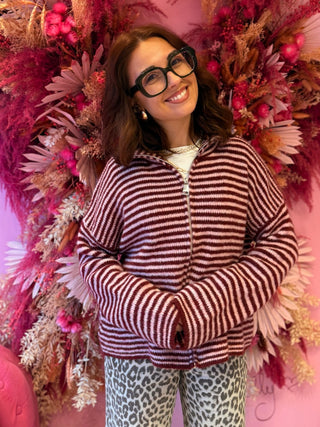 Striped Zip Knit Cardigan / Pink-Bordeaux