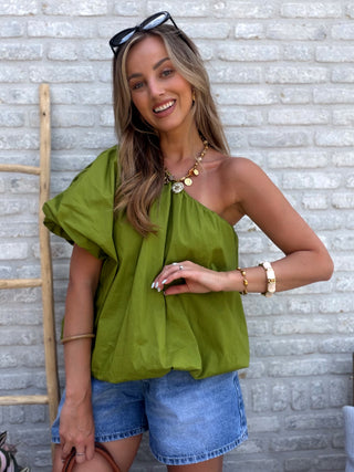 One Shoulder Puff Top / Olive green