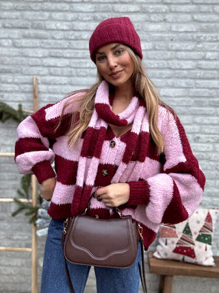 Stripe Scarf Cardigan / Pink-Bordeaux