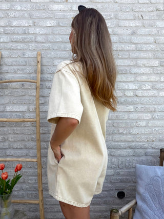 Denim Buttoned Playsuit / Beige
