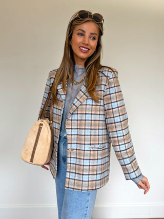 Soft Check Statement Blazer / Light Blue-Brown