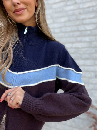 Zip-Up Stripe Knit / Blue-Brown