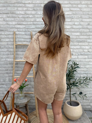 Denim Buttoned Playsuit / Taupe