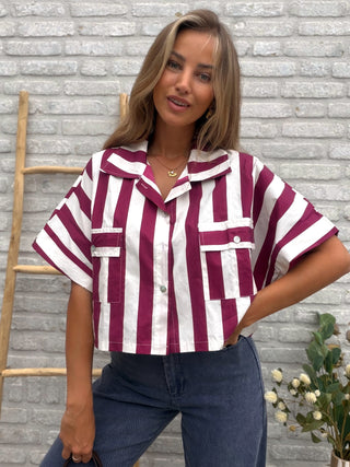 Cotton Stripe Shirt / Bordeaux-White