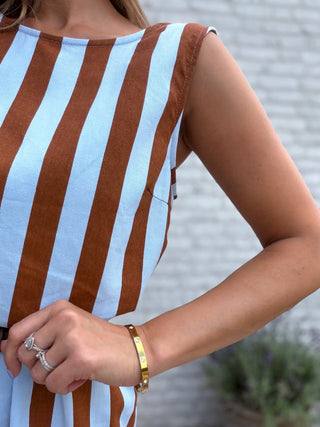 Cotton Stripe Dress / Brown-Blue