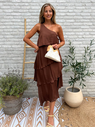 Layered One Shoulder Dress / Brown
