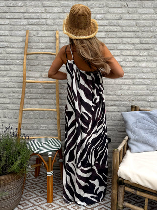 Zebra One Shoulder Maxi Dress / Brown-White