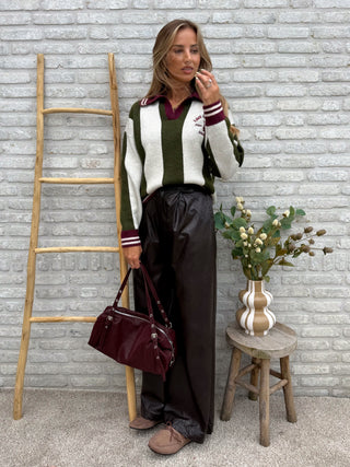 Stripe V-Neck Knit / Khaki-Bordeaux